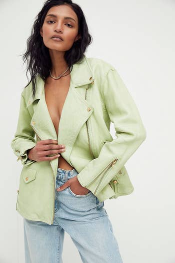 the leather moto jacket in lime