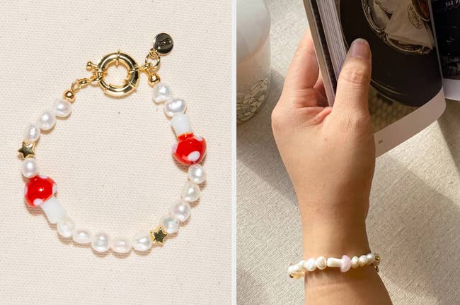 Pearl beaded bracelet with white and red beads and gold star beads laying flat on light background, model wearing product in pink holding a book