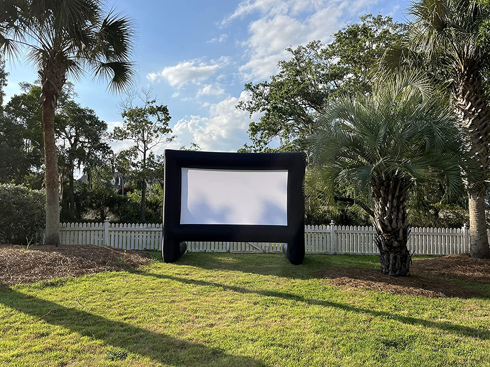 inflatable screen in reviewer's backyard