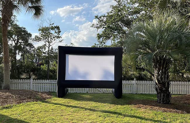 inflatable screen in reviewer's backyard