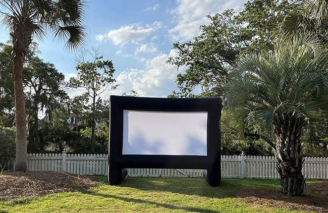 inflatable screen in reviewer's backyard