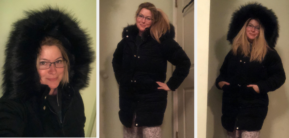 THree images of reviewer wearing black jacket