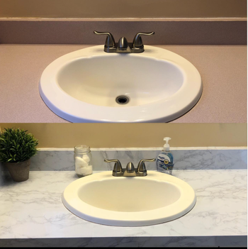 before and after image of bathroom sink with gray counter and then adhesive counter 