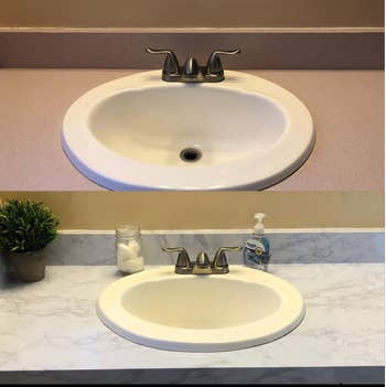 before and after image of bathroom sink with gray counter and then adhesive counter 