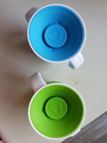 a reviewer photo of a blue and a green trainer cup 