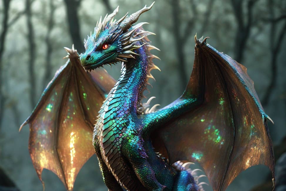 Rhaenyra Targaryen stands between dragons Syrax and Caraxes in a promotional image for House of the Dragon