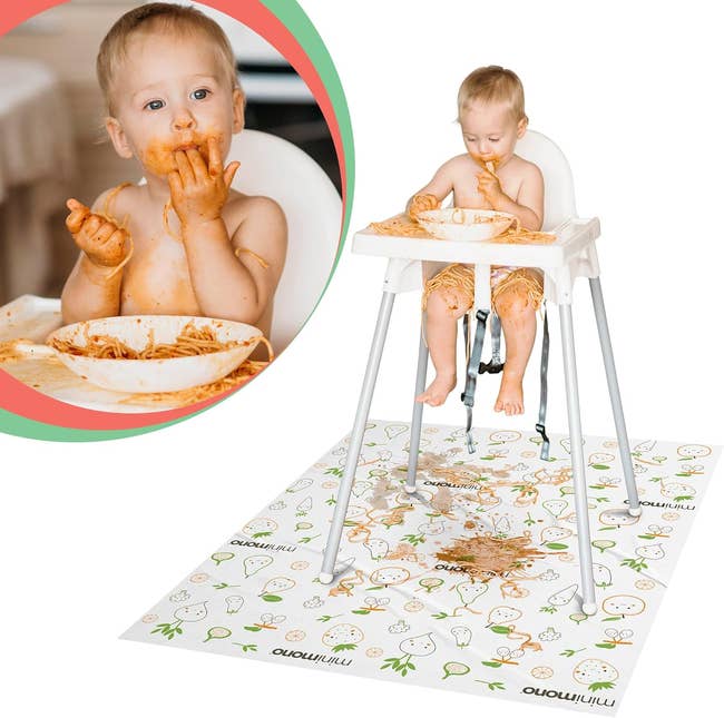 child model in a high chair, eating spaghetti, making a mess with disposable mat underneath the high chair