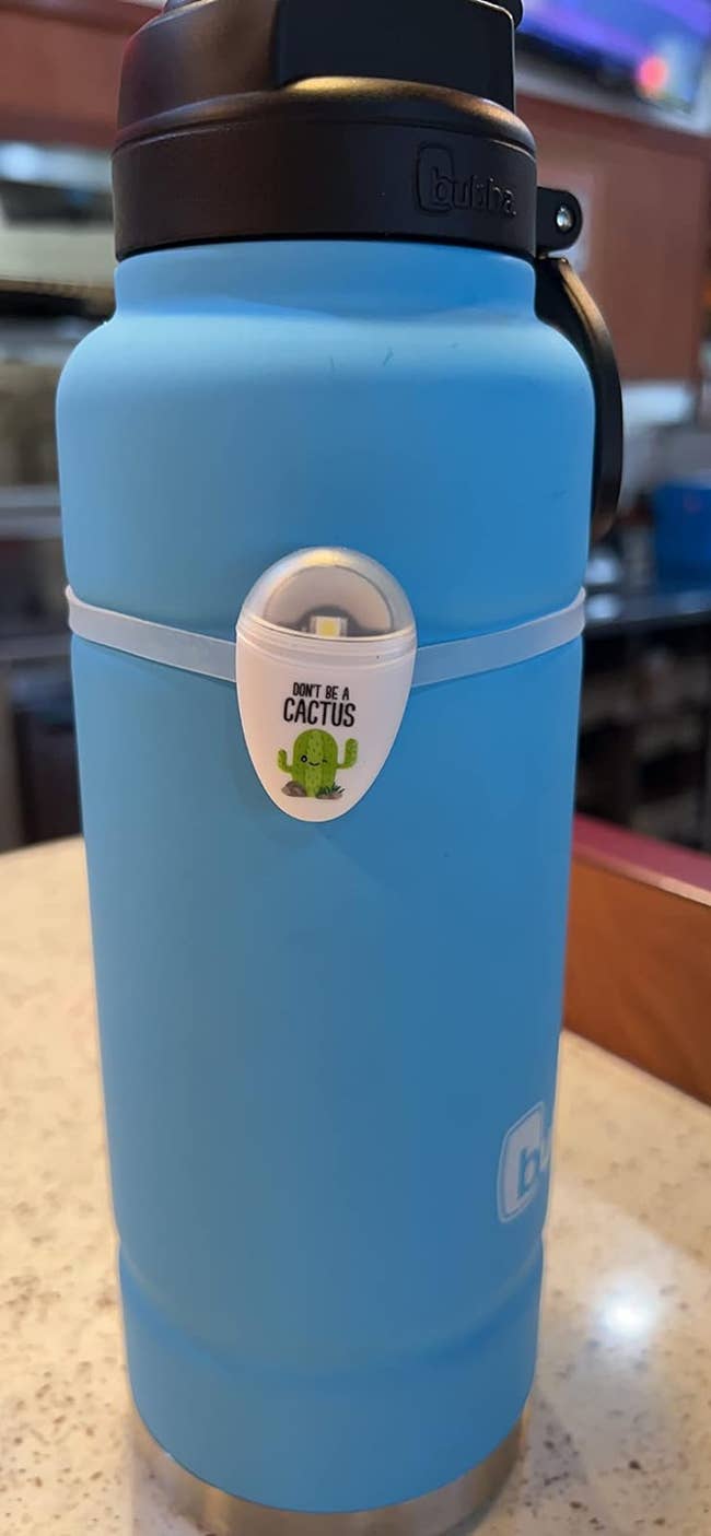 a reviewer's blue water bottle with the tear drop shaped device strapped on that says 