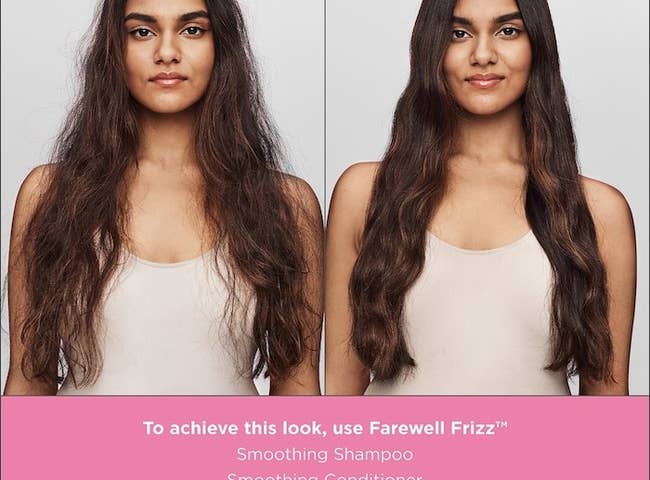 before and after of frizzy dry hair on a model that looks smooth and frizz-free afterward