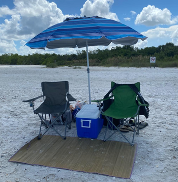 Reviewer image of the blue umbrella and two chairs
