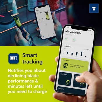 Person holding a smartphone displaying a razor app with features similar  usage past  and notifications. Text highlights astute  tracking benefits