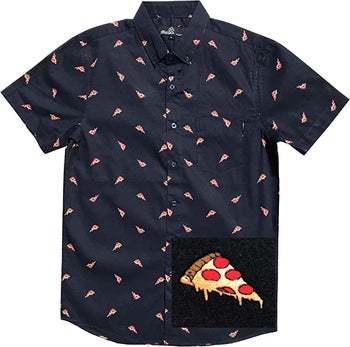 A black short sleeved button down dotted with tiny pizza slices
