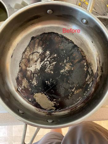 before of a reviewer's dirty stainless steel pan