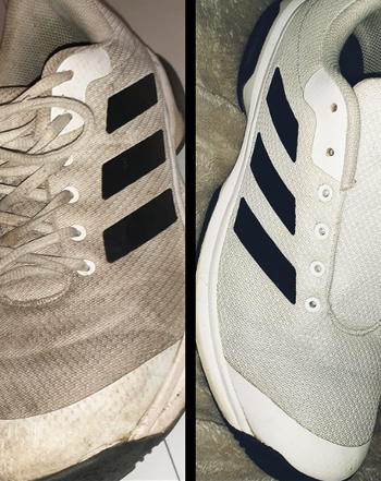 Reviewer's dirty and brown sneakers / same sneakers now a light grey and clean