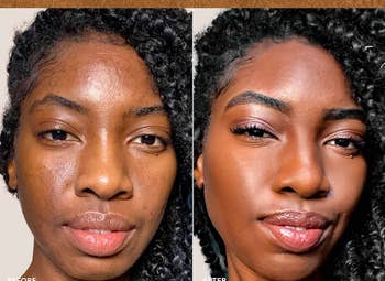model before and after using powder foundation