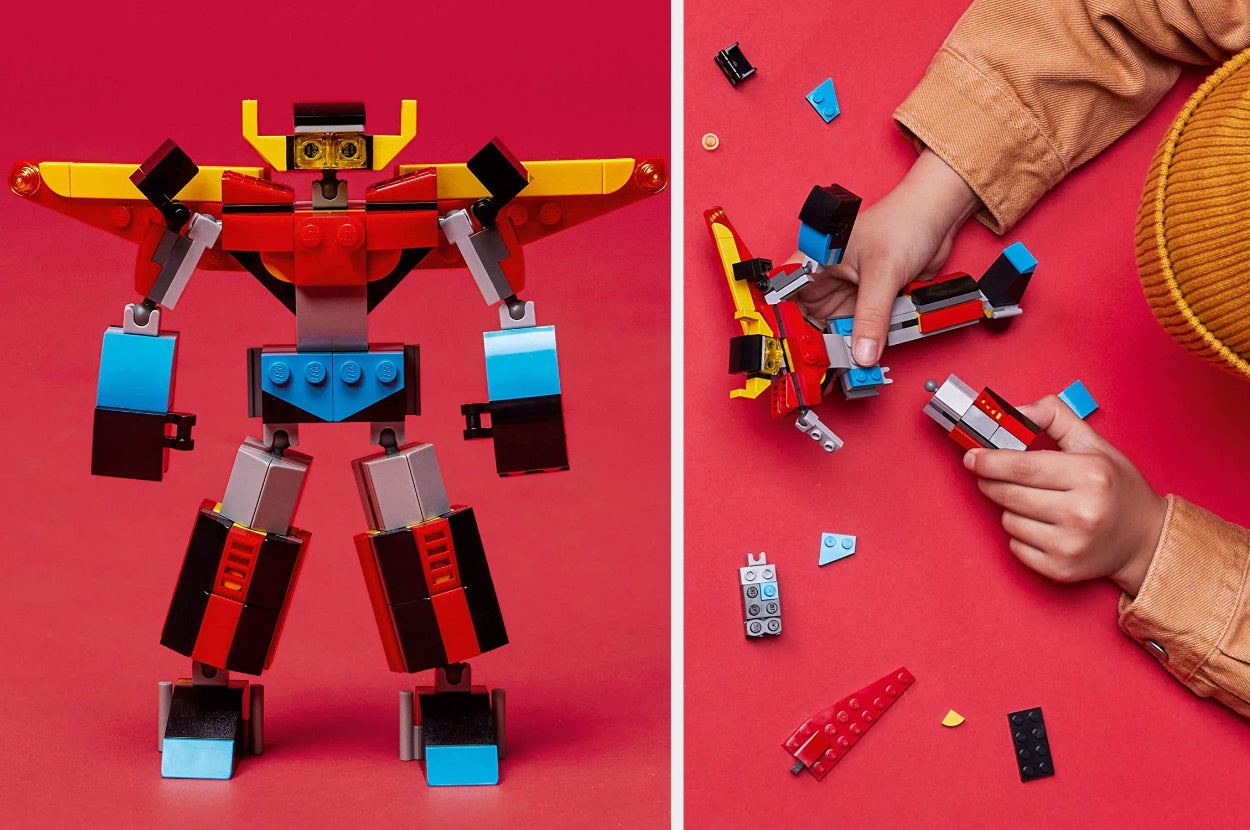Split image of Lego robot toy assembled with image of model's hands assembling said toy