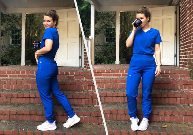 Two images of reviewer wearing blue scrub joggers