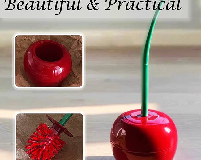 A small red round toilet brush bowl with a green stem you can lift to reveal a red bristled toilet brush 