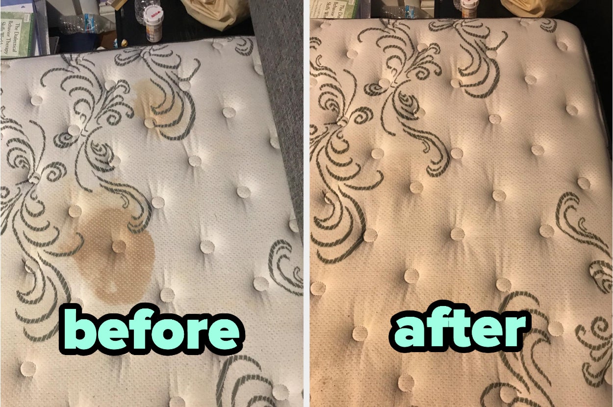 a before and after of a poop stained pet bed