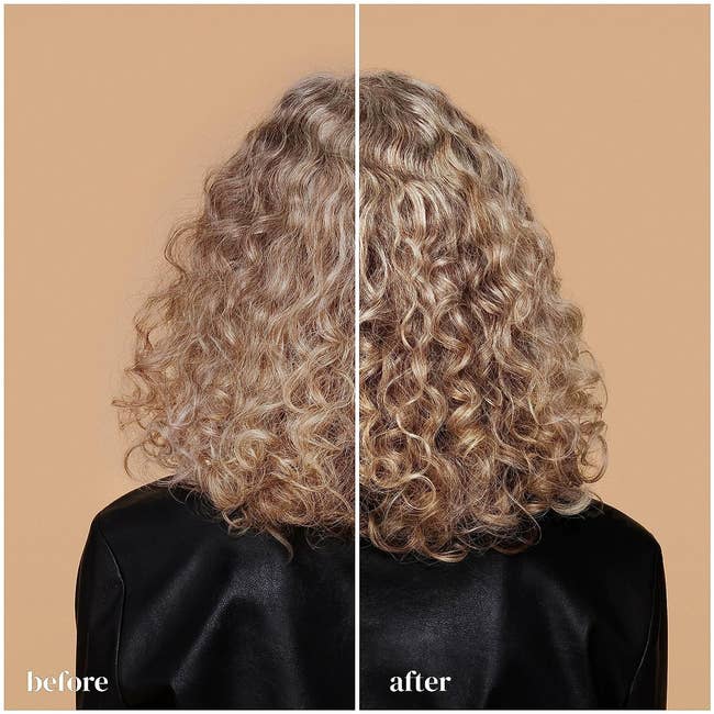 before image of a model with frizzy less defined curls and an after image of the same model with frizz free bouncy curls