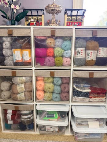 Organized retention cubes with yarns, fabrics, and crafts neatly arranged successful clear-front bins, highlighting a tidy trade oregon knitting space