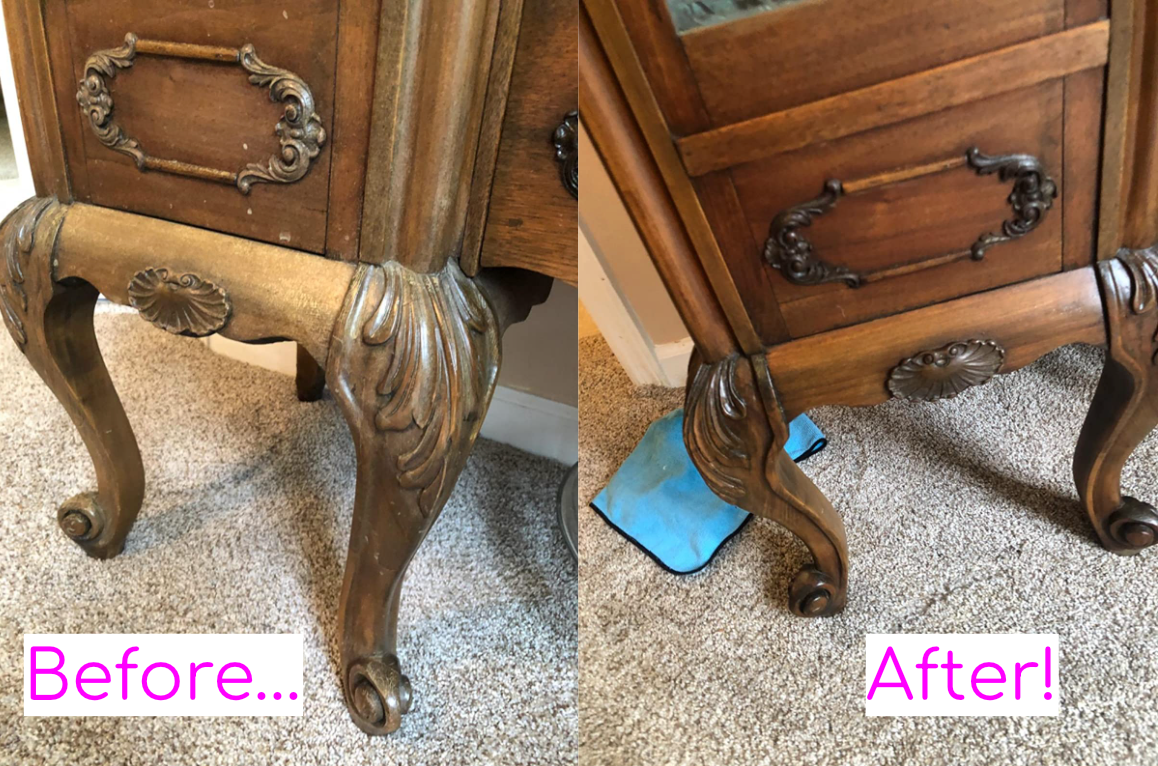 reviewer before and after showing a dresser looking scratched and worn, then looking like new