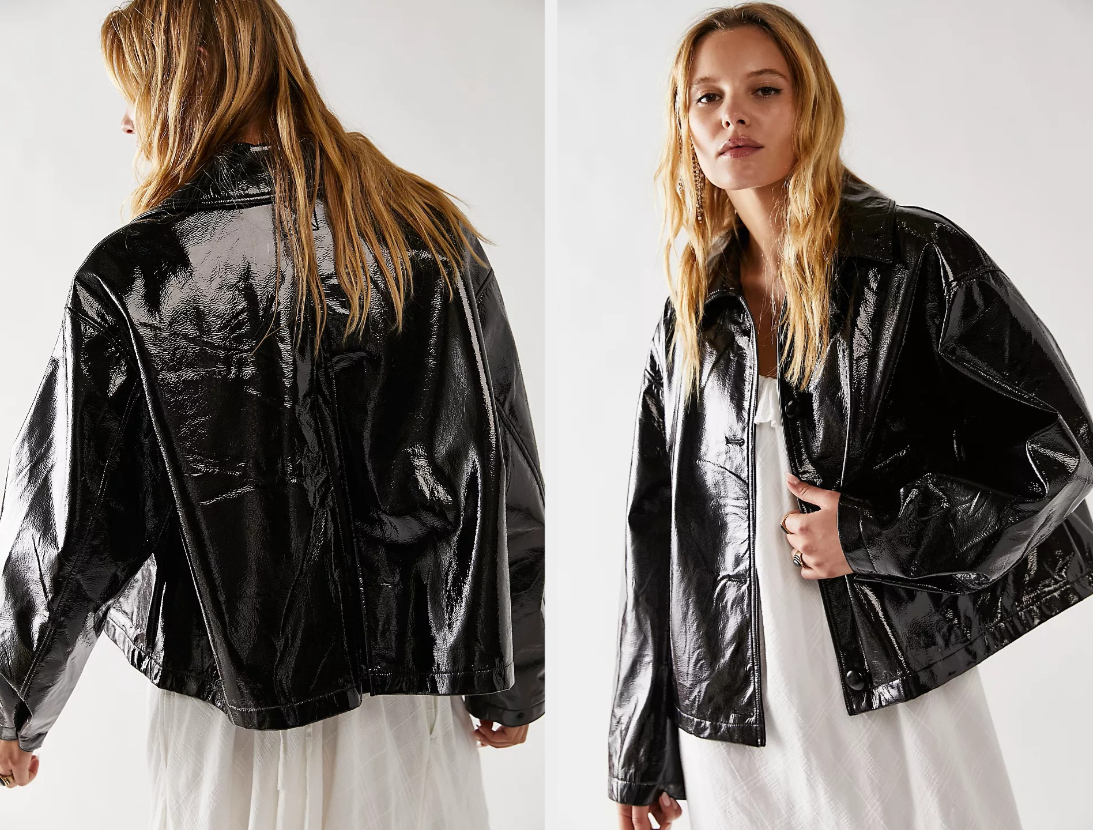 Two images of a model wearing the black jacket