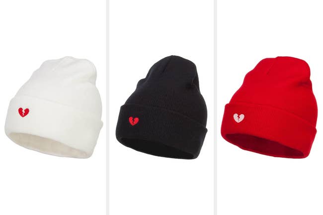 White beanie with red embroidered broken heart on white background, product in black and red on white background, product in red and pink on white background