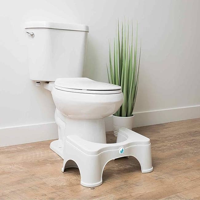 Toilet with a white foot stool underneath, placed on a wooden floor, next to a potted plant