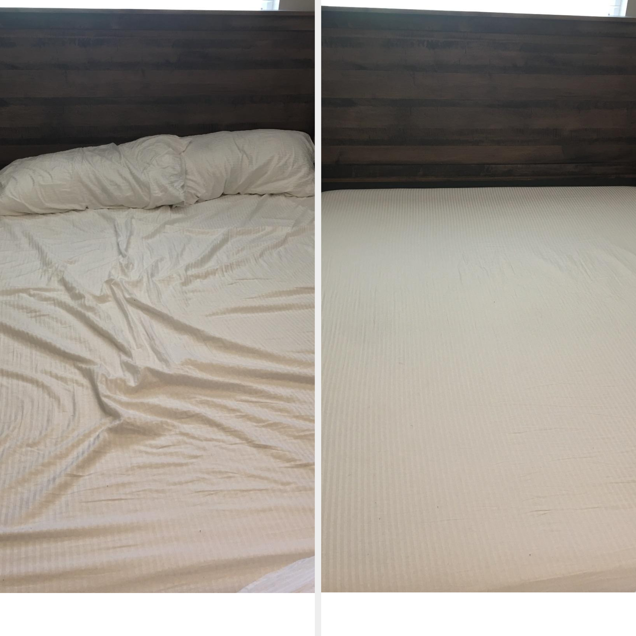 Unmade bed on left; perfectly made bed on right. Highlights comparison in bedding styles for home shopping