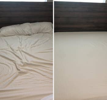 Unmade bed on left; perfectly made bed on right. Highlights comparison in bedding styles for home shopping