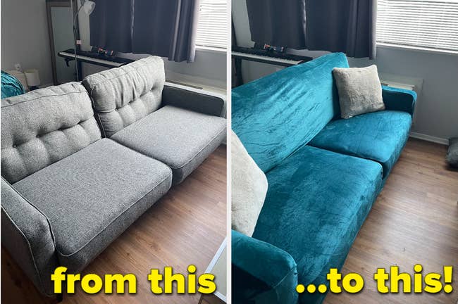 reviewer's before image of dull gray couch and after image looking completely transformed with the deep teal velvet cover