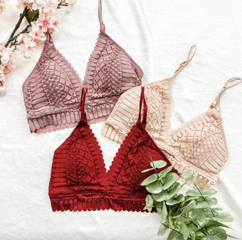 lace detail bralettes in mauve, cream, and burgundy