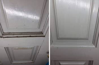 A reviewer's white door with black dirt in the crevices, and after with it all clean