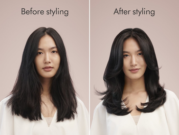 Woman before and after hair styling, comparison for a hair product review or promotion