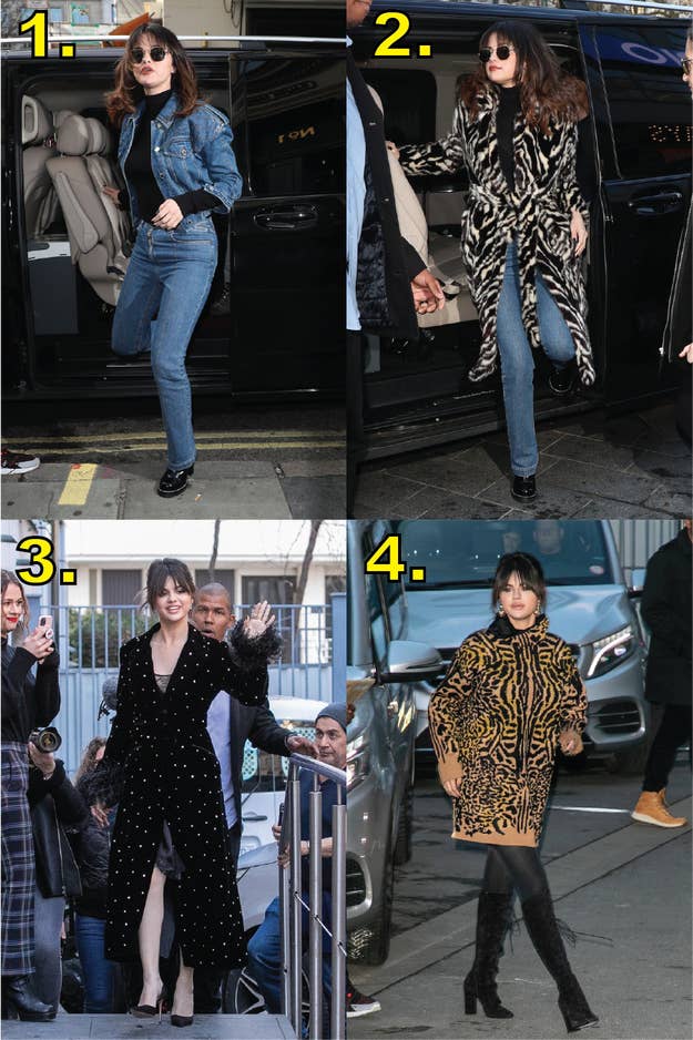 Selena Gomez: Zebra Print Coat, Straight Jeans