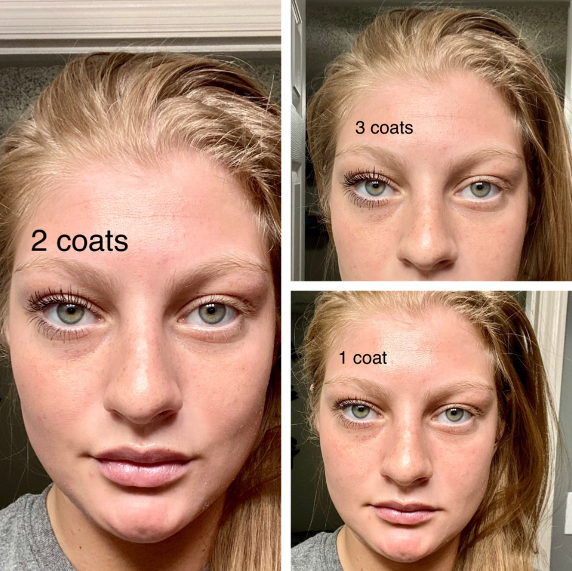 reviewer with no mascara, then showing with one coat and then with two coats