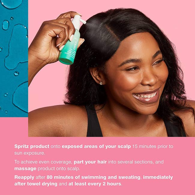 Black model spraying the sunscreen on hair part
