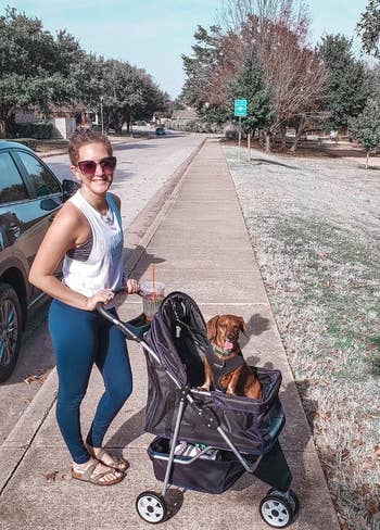 a reviewer with their dog in the black stroller