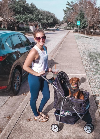a reviewer with their dog in the black stroller