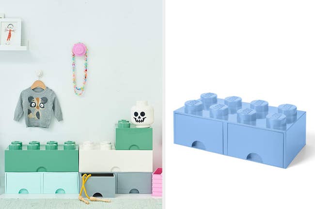 Lego-shaped shelves stacked into a dresser, close up of product in blue with drawers closed
