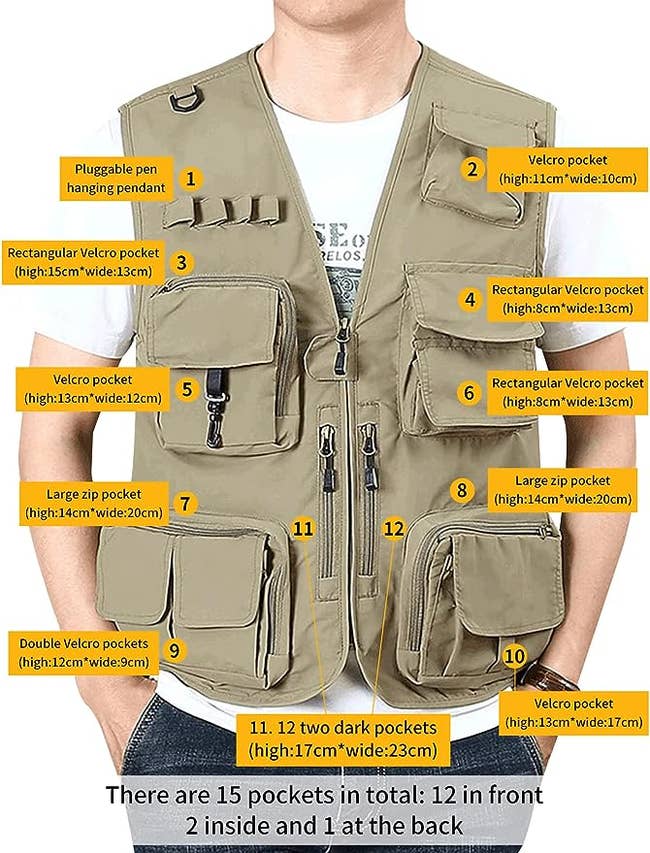 person wearing utility vest with tons and tons of pockets