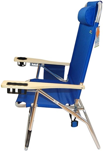 side view of the blue high-seat beach chair
