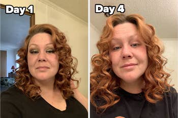 reviewer side-by-side of their curly hair on the first day of applying the hairspray and their curly hair three days after applying it, still looking curly 