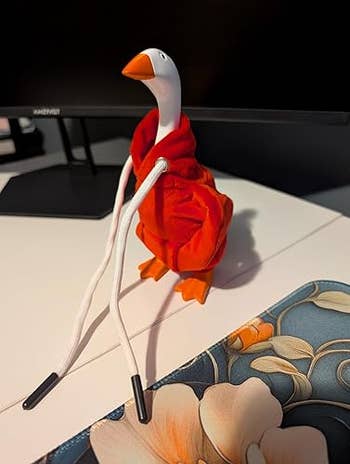 Toy goose dressed in a hoodie