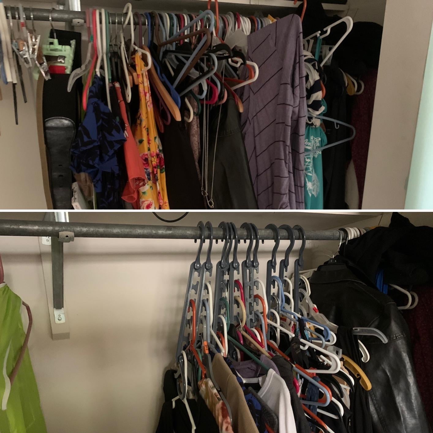reviewer's closet before and after using space saving hangers with a lot more space in the closet after