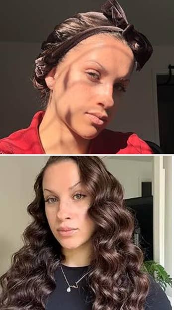 Two images show a person indoors. The top image shows them with a headband and natural hairstyle, while the bottom shows them with long, styled waves