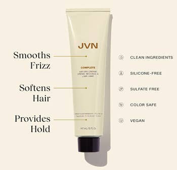 bottle of JVN air dry cream with benefits written next to bottle