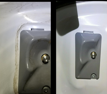 a before and after of a dirt stain on the back of a reviewer's washer then the stain gone