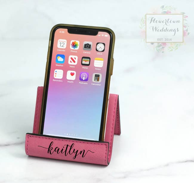 pink vegan leather phone stand engraved with 